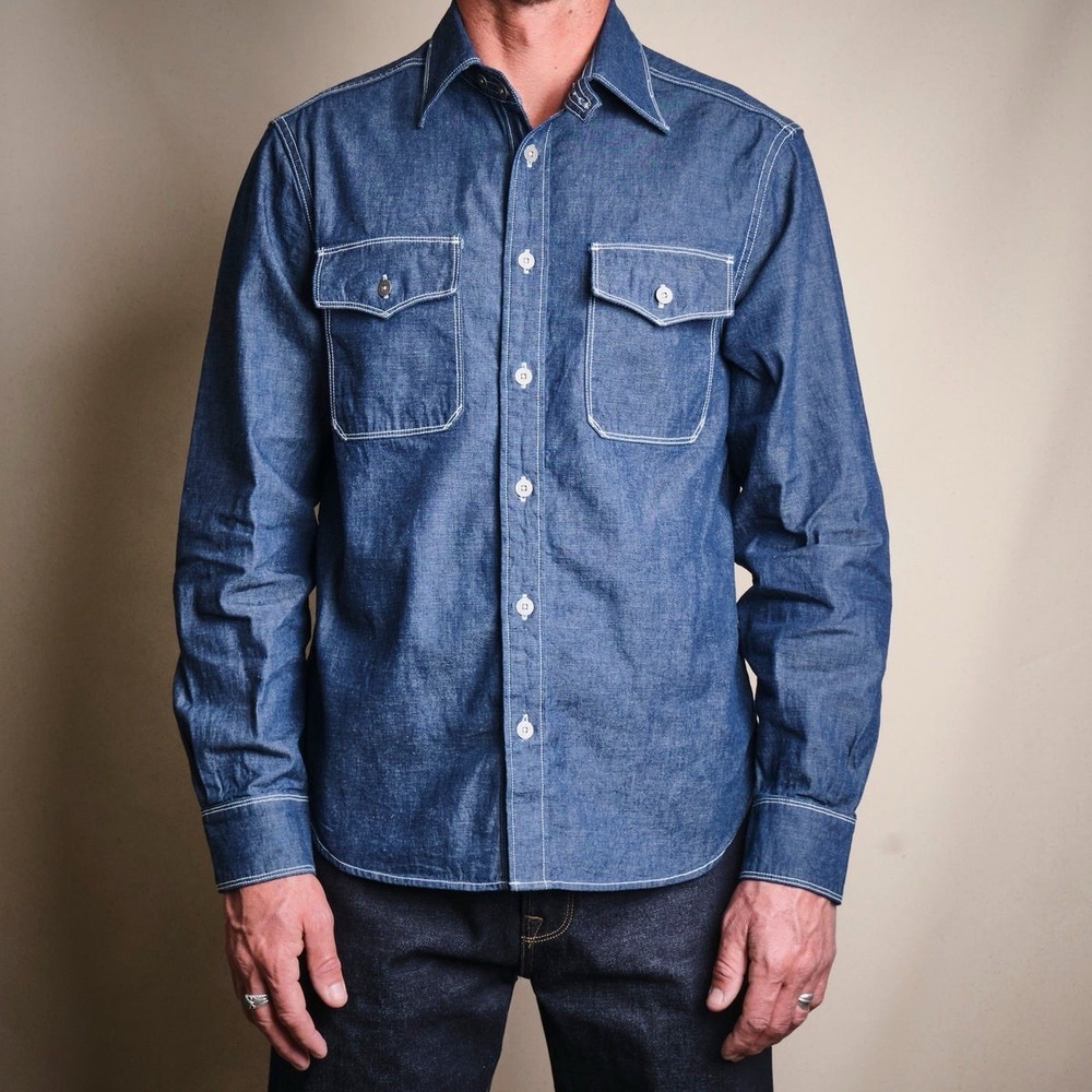Freenote Scout Slate Chambray Selvedge Blue Denim Long Sleeve Button-up Shirt L
